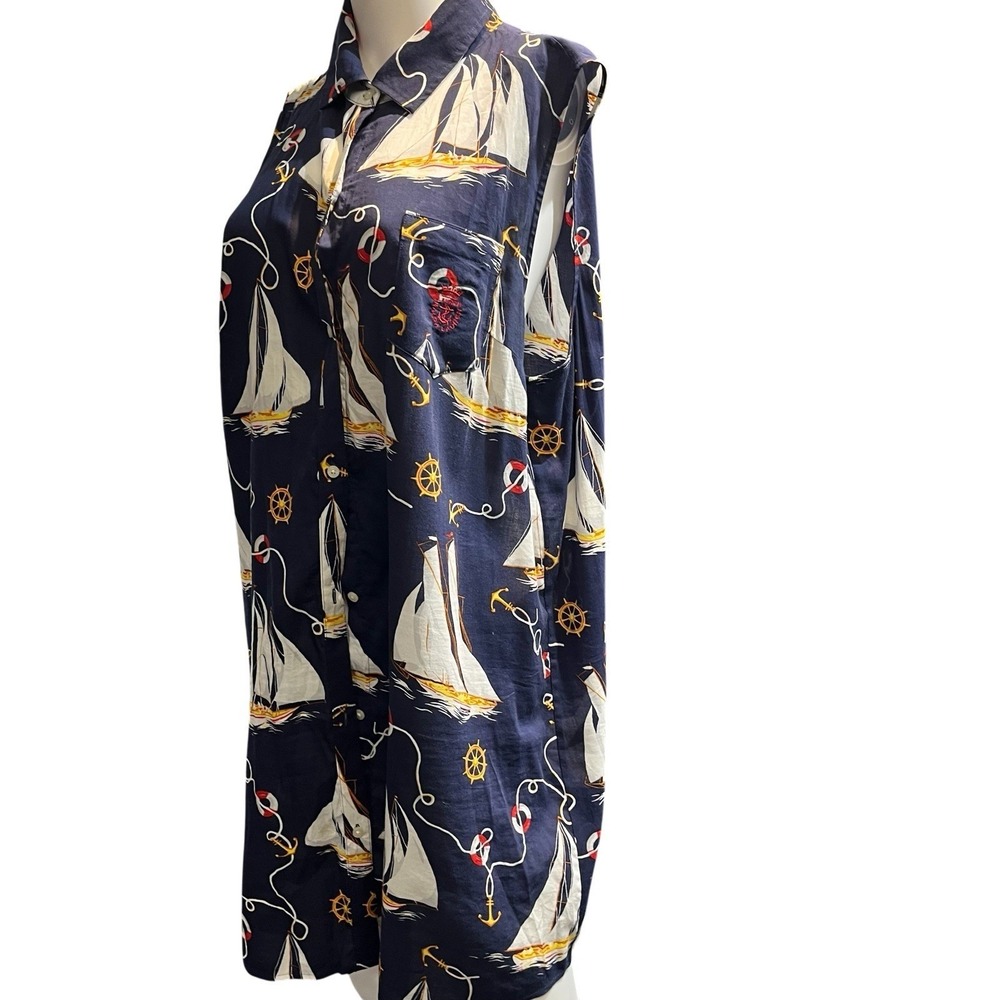 Lauren Ralph Lauren Blue Button Down Mini Nautical Sailboat XL Coastal Cape Cod